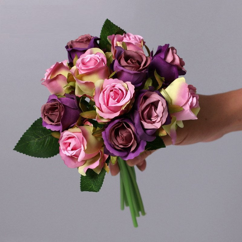 Kunstig Rosebukkett med 12 rosestilker 25cm - Lilla og rosafarget