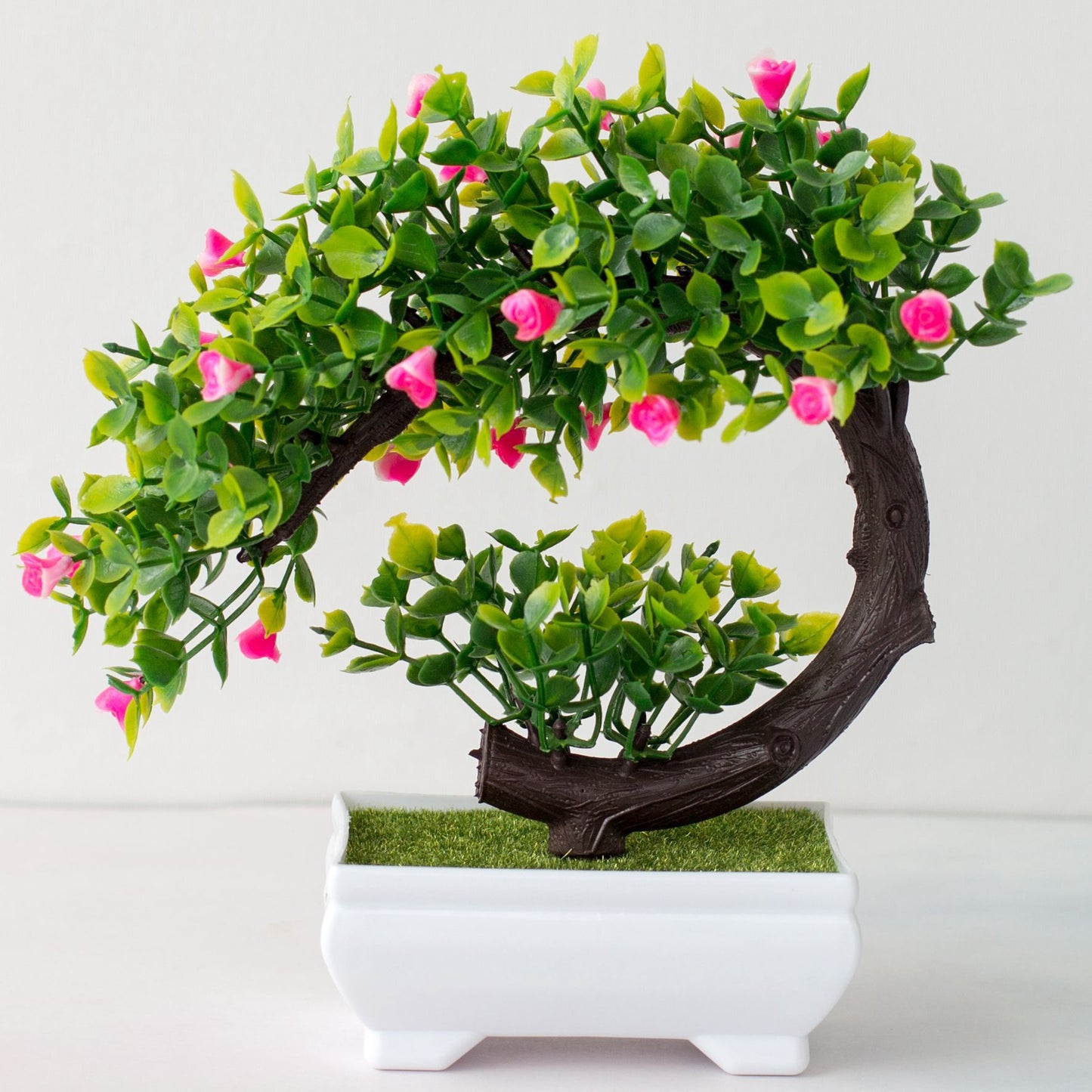 Kunstig Rosa Buet Sweet Plum Bonsai i Hvit Plastpotte 19cm
