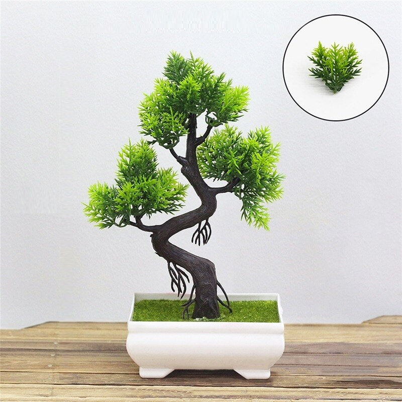 Kunstig Cedar Bonsaitre i Hvit Plastpotte 25cm