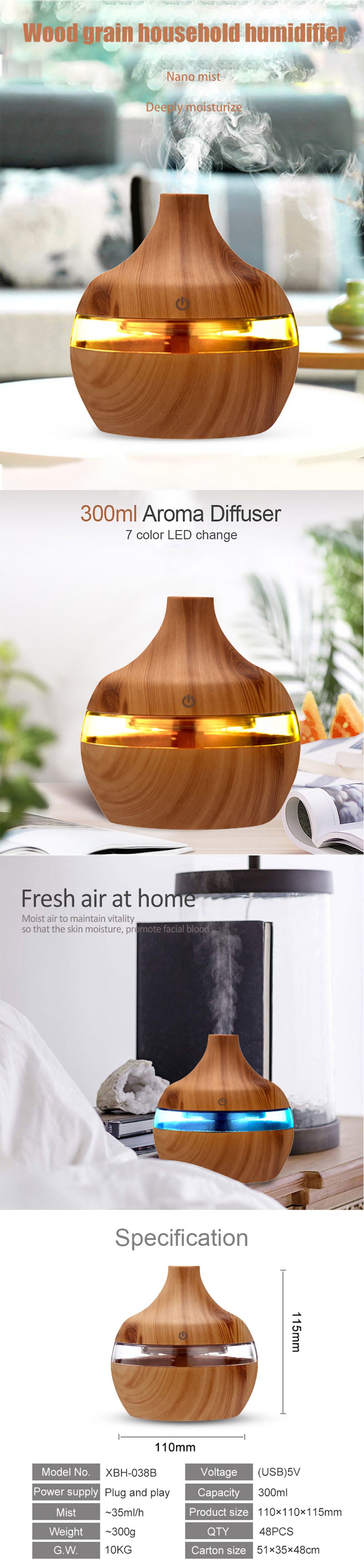 Aromaterapautisk Ultrasonik Luftfukter med 7 LED farger