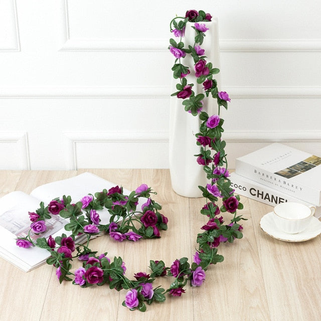 Kunstig-Rose-Vinkranke-Plast-Eføy-Rosa-Lilla-Grønn-250cm