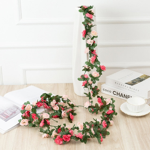 Kunstig-Rose-Vinkranke-Plast-Eføy-Rosa-Rød-Lysrosa-250cm