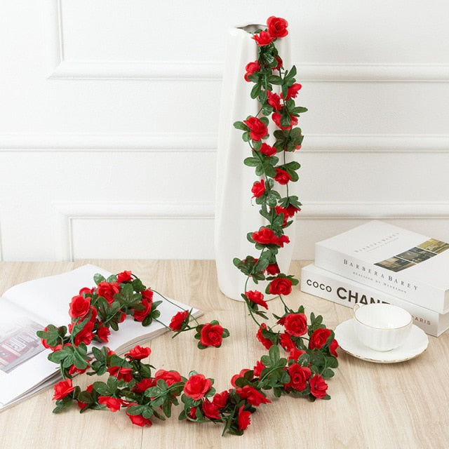 Kunstig-Rose-Vinkranke-Plast-Eføy-Grønn-Rød-250cm