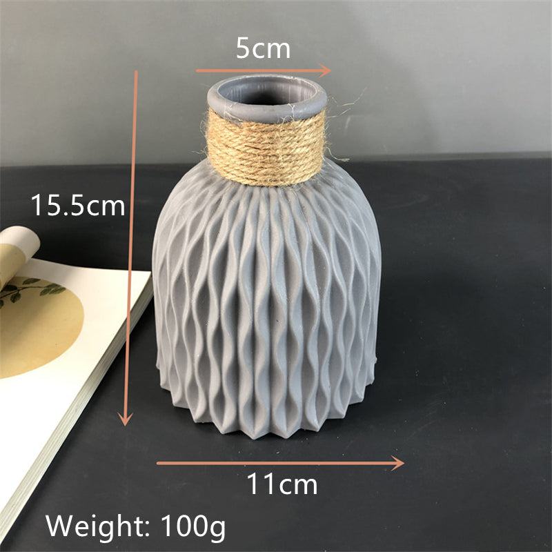 Nordisk Vase - Imitert Rattan Keramikk Plastvase - Grå + dimensjoner