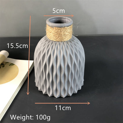 Nordisk Vase - Imitert Rattan Keramikk Plastvase - Grå + dimensjoner